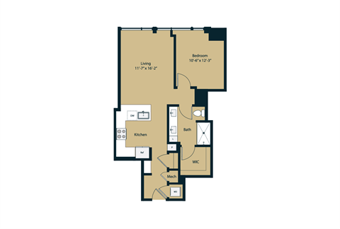 Floor plan for 1 bed, 1 bath, 727 sqft